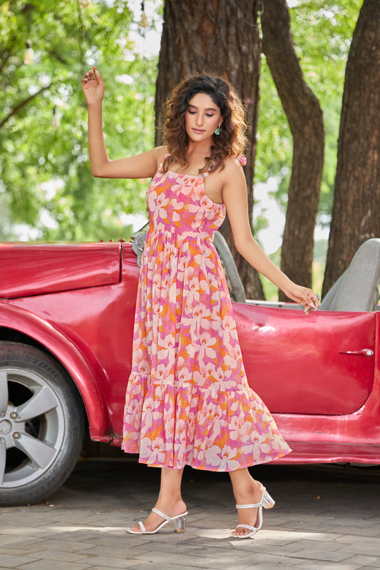 Pink Flower Print Flared Dress