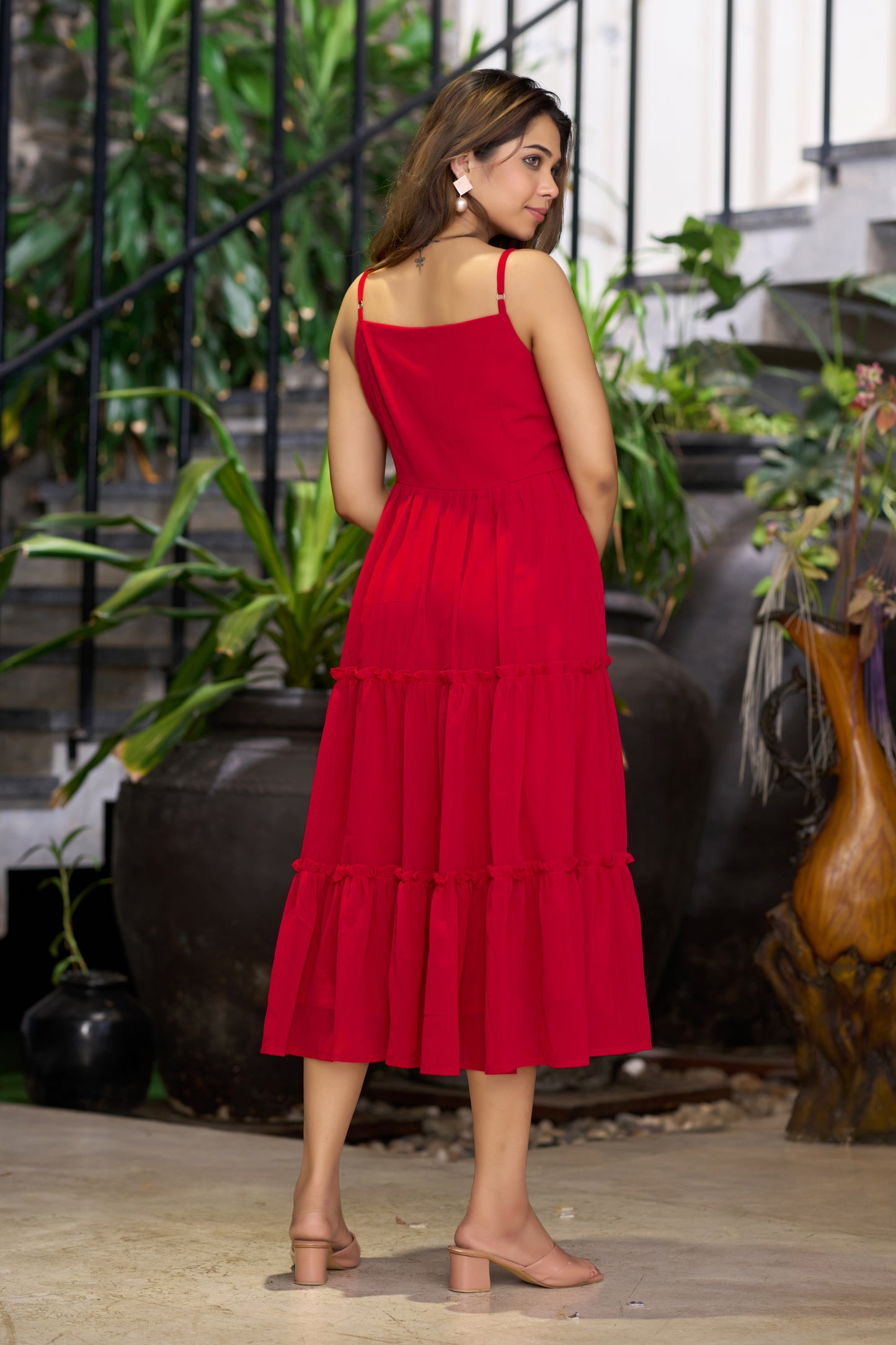 Red Chiffon Ruffles Fit & Flare Midi Dress