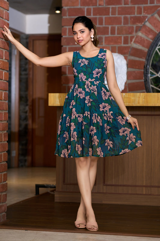 Blue Floral Printed Mini Dress