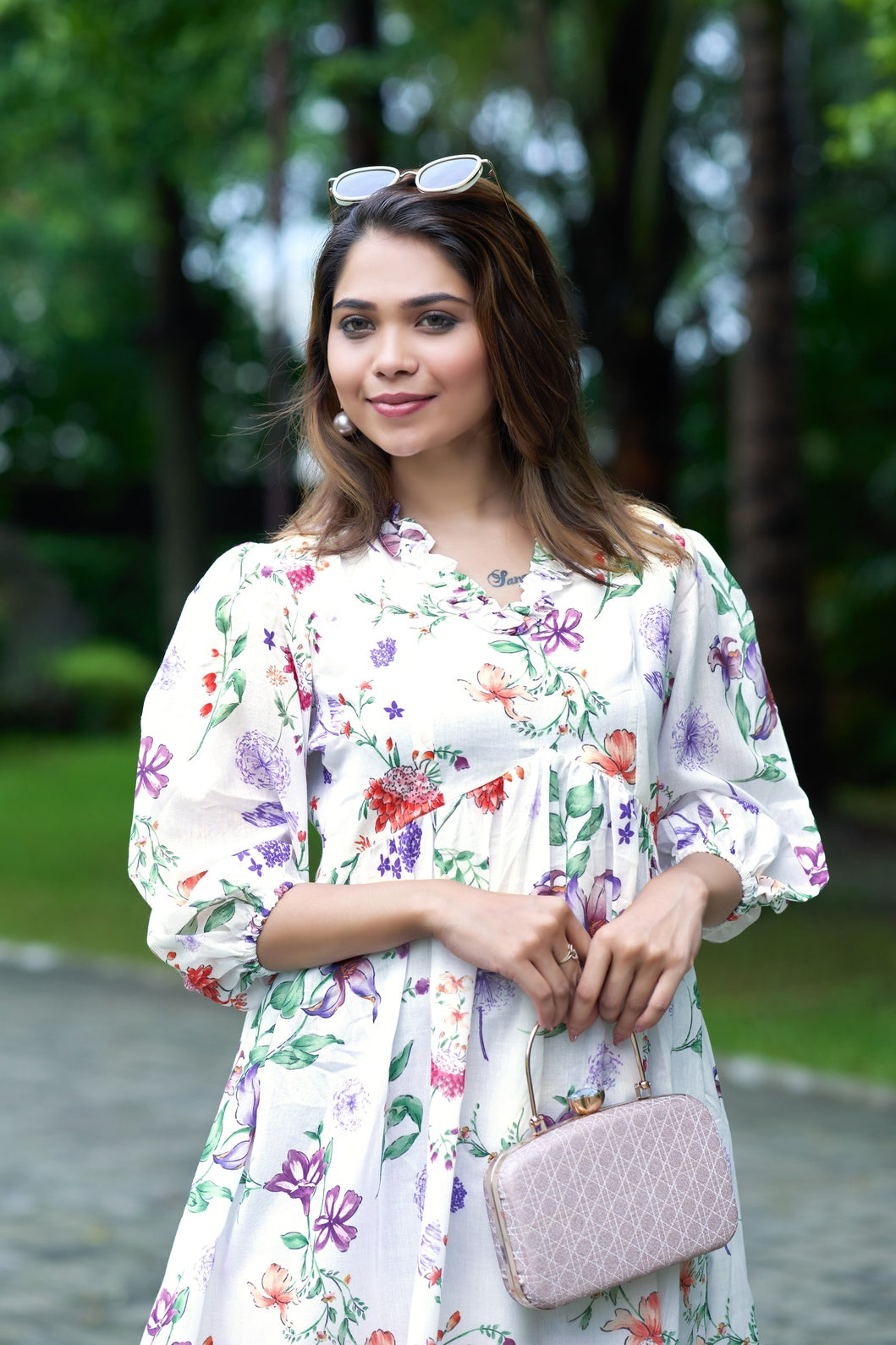 White Floral Printed Mini Dress