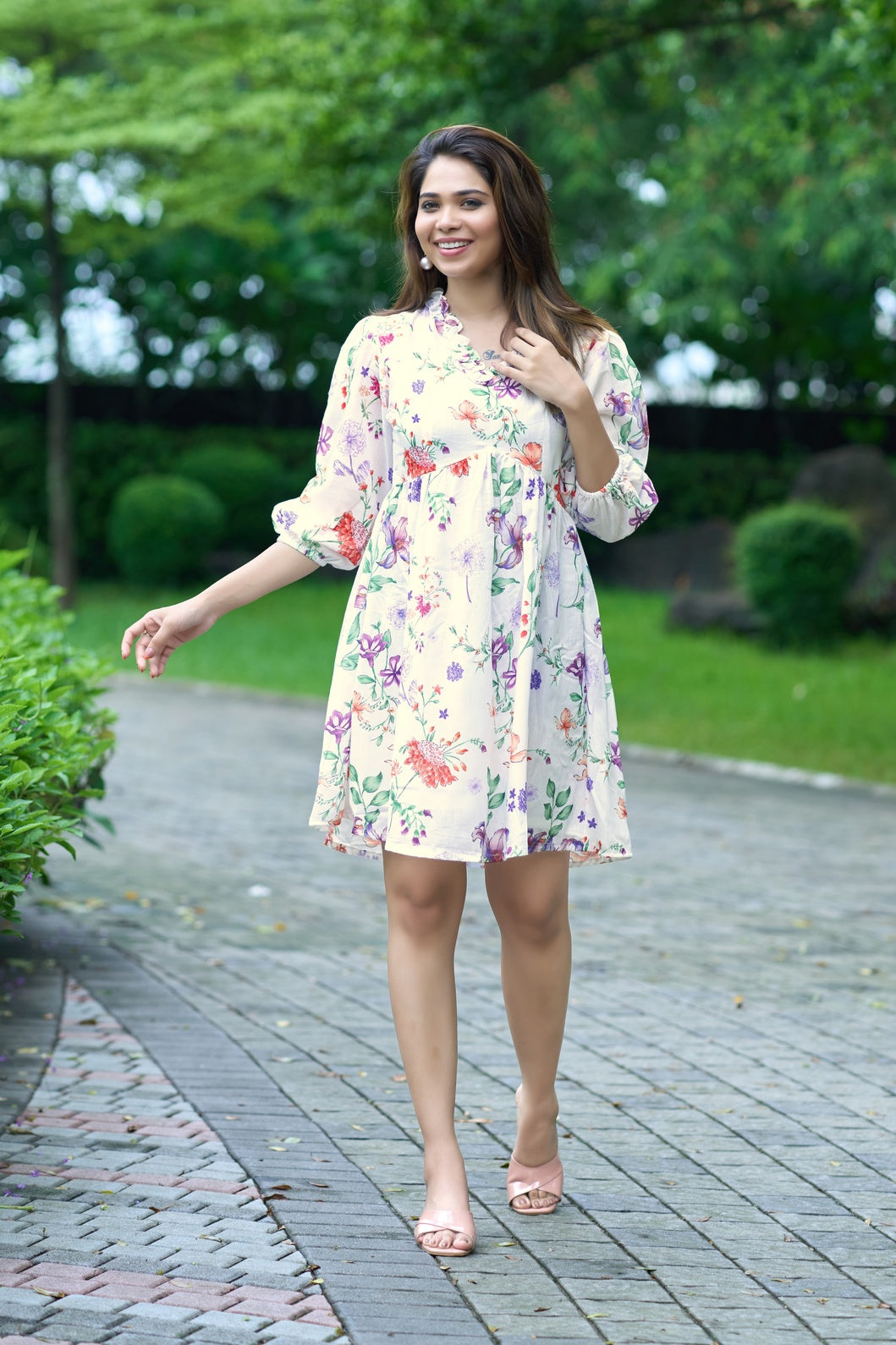 White Floral Printed Mini Dress