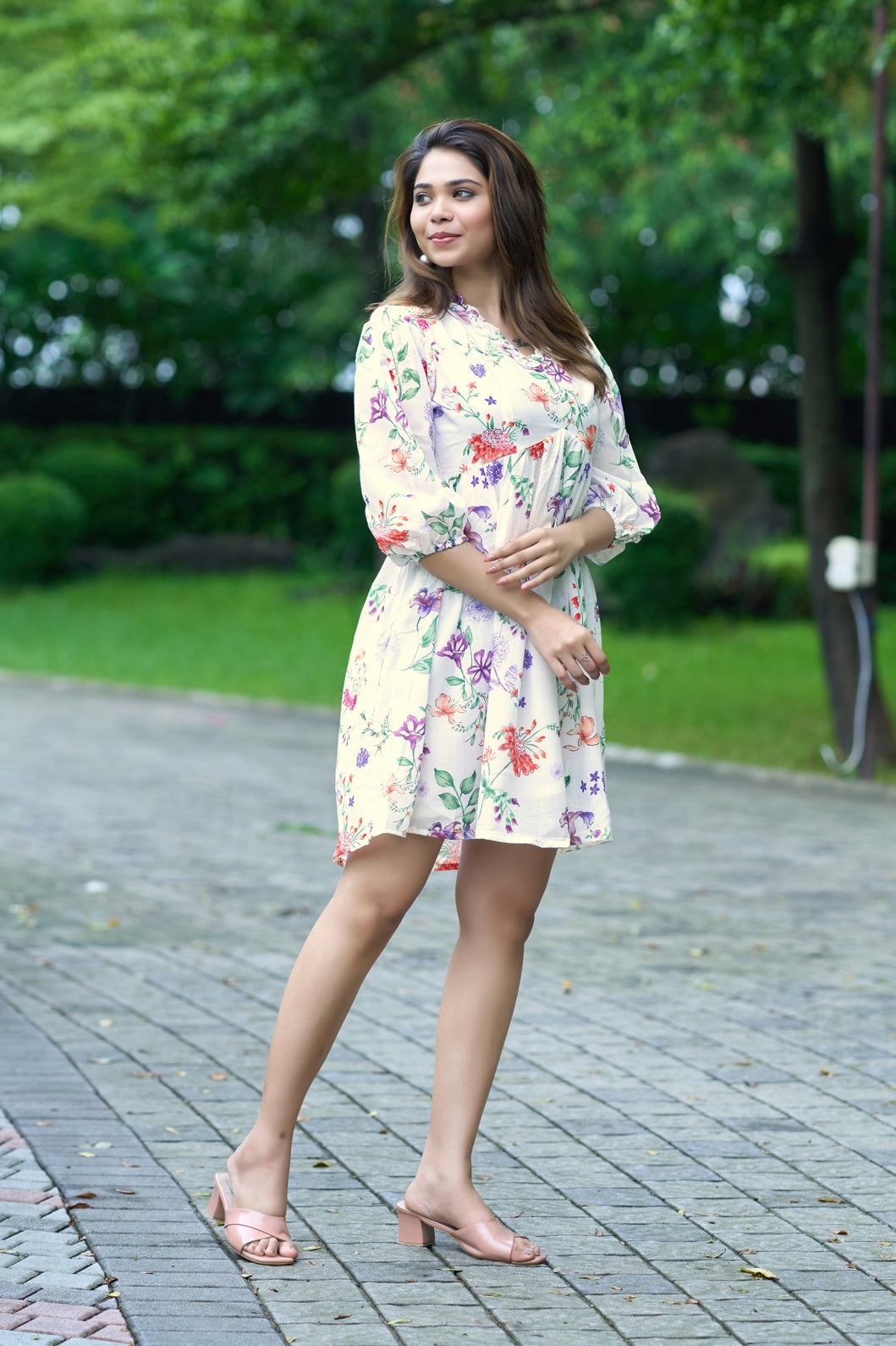 White Floral Printed Mini Dress