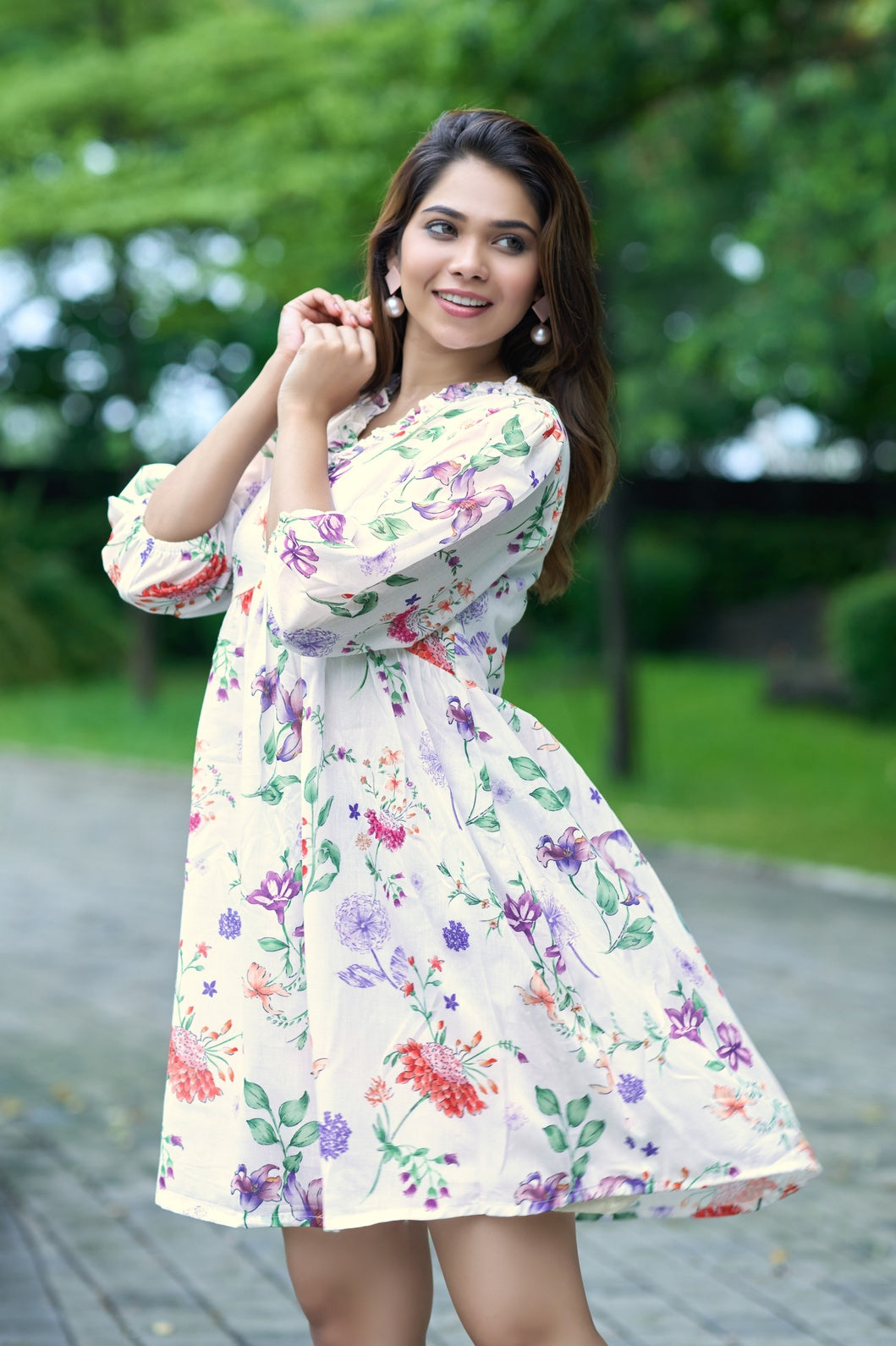 White Floral Printed Mini Dress