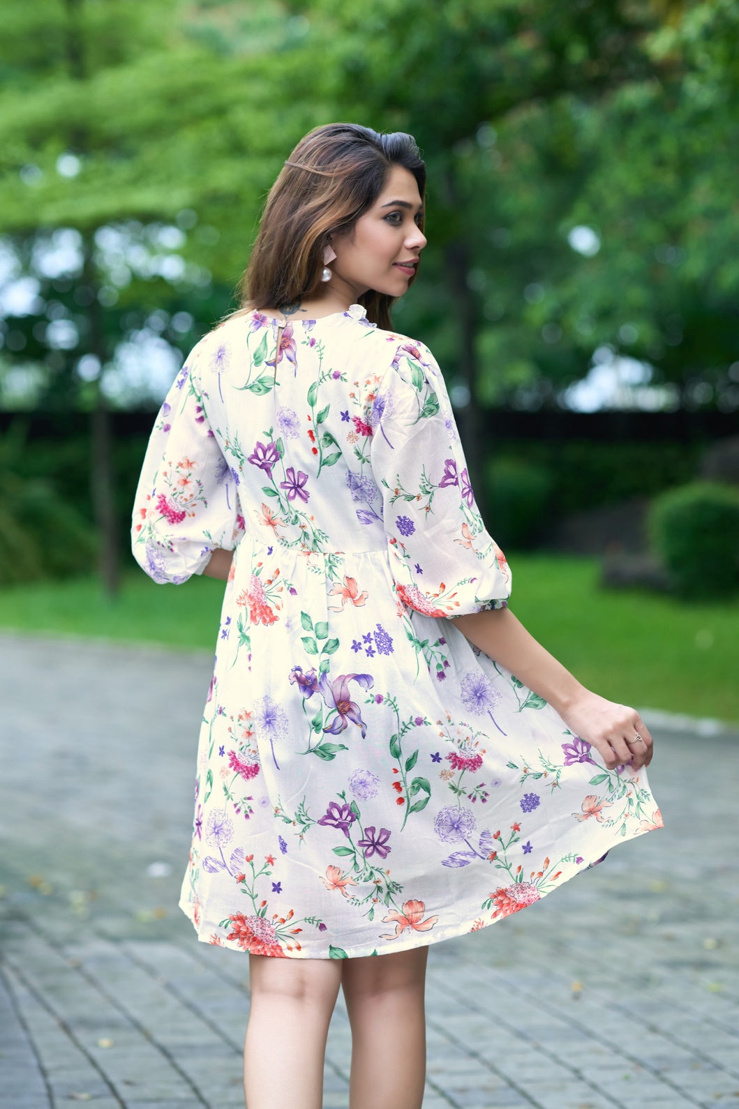 White Floral Printed Mini Dress