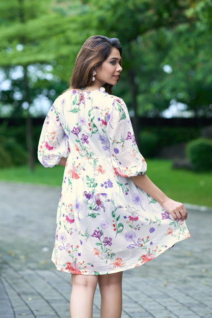 White Floral Printed Mini Dress