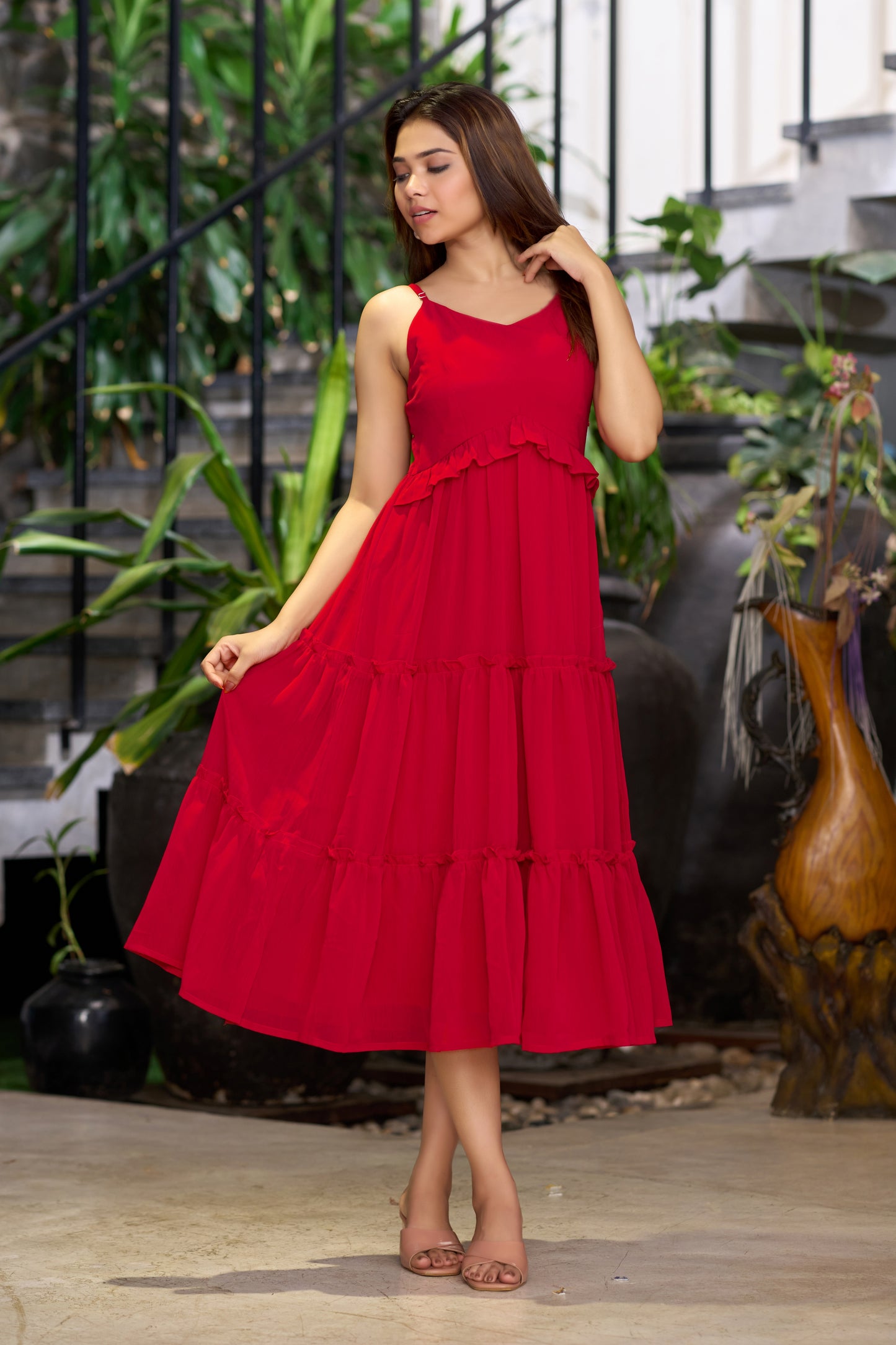 Red Chiffon Ruffles Fit &amp; Flare Midi Dress