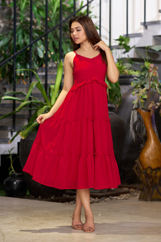 Red Chiffon Ruffles Fit &amp; Flare Midi Dress