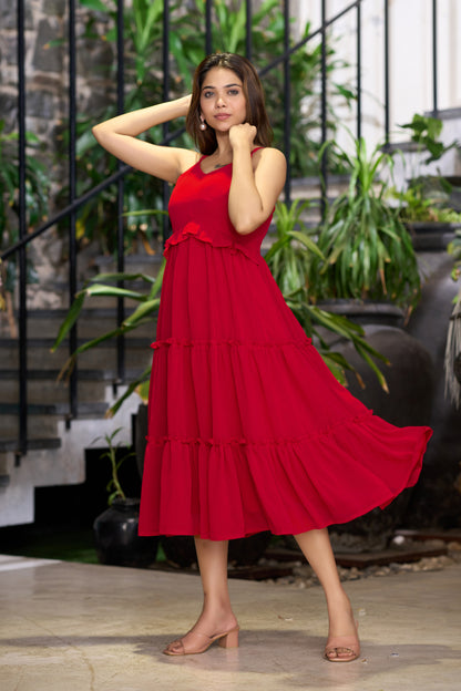 Red Chiffon Ruffles Fit &amp; Flare Midi Dress