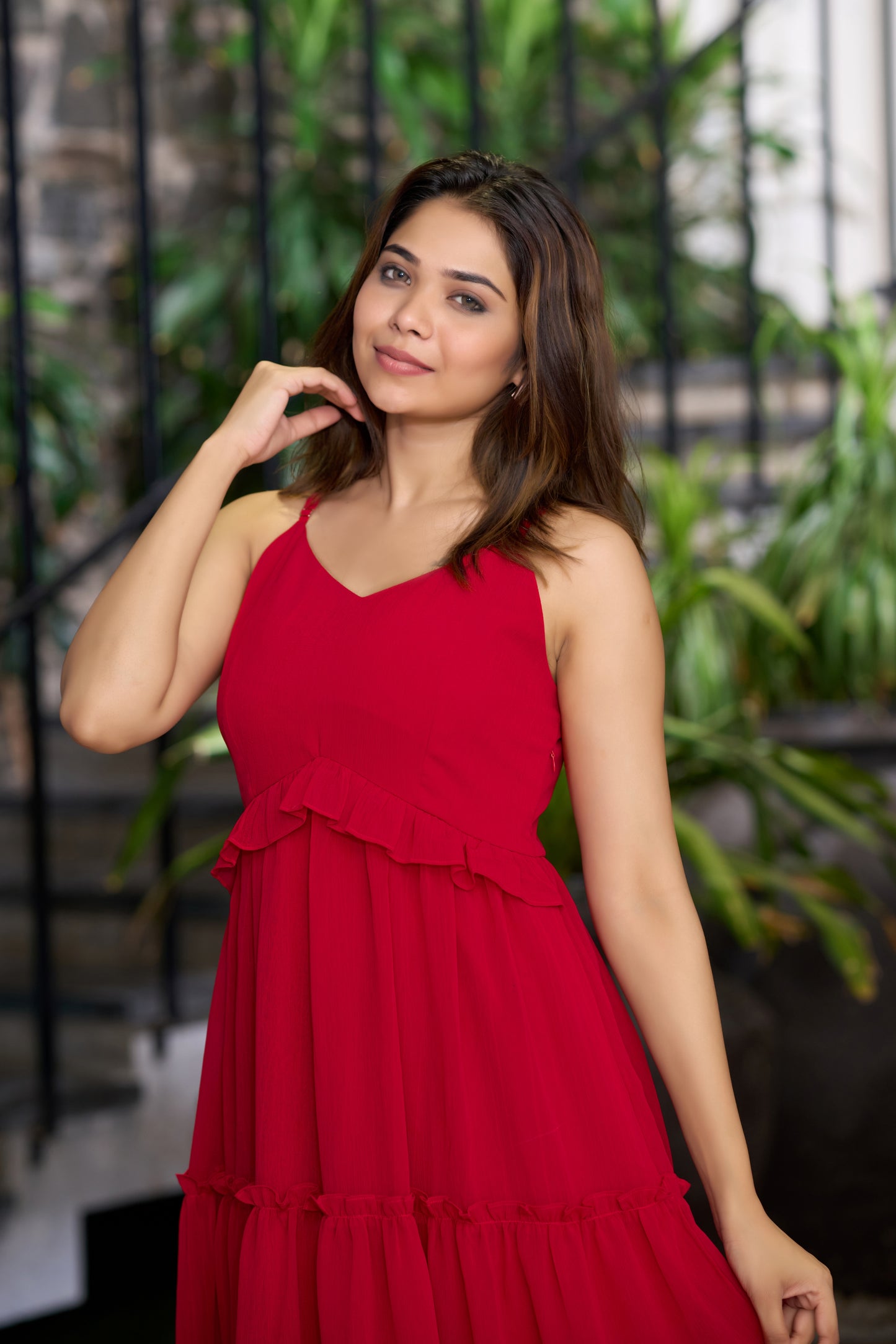 Red Chiffon Ruffles Fit &amp; Flare Midi Dress