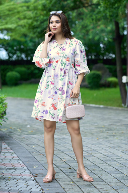 White Floral Printed Mini Dress