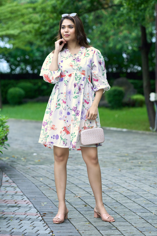 White Floral Printed Mini Dress