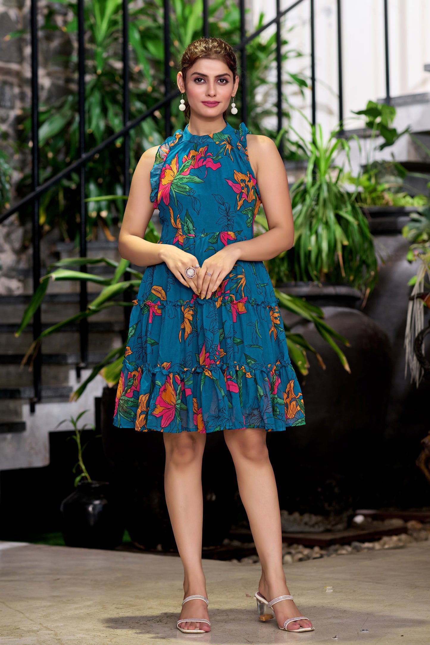 Blue Printed Flared Dress