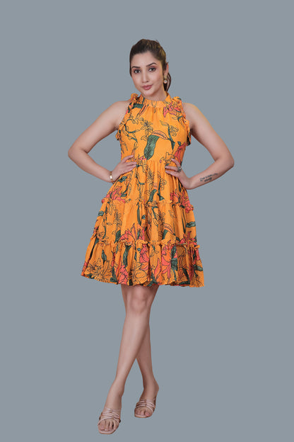 Yellow Flower Printed Flared Dress