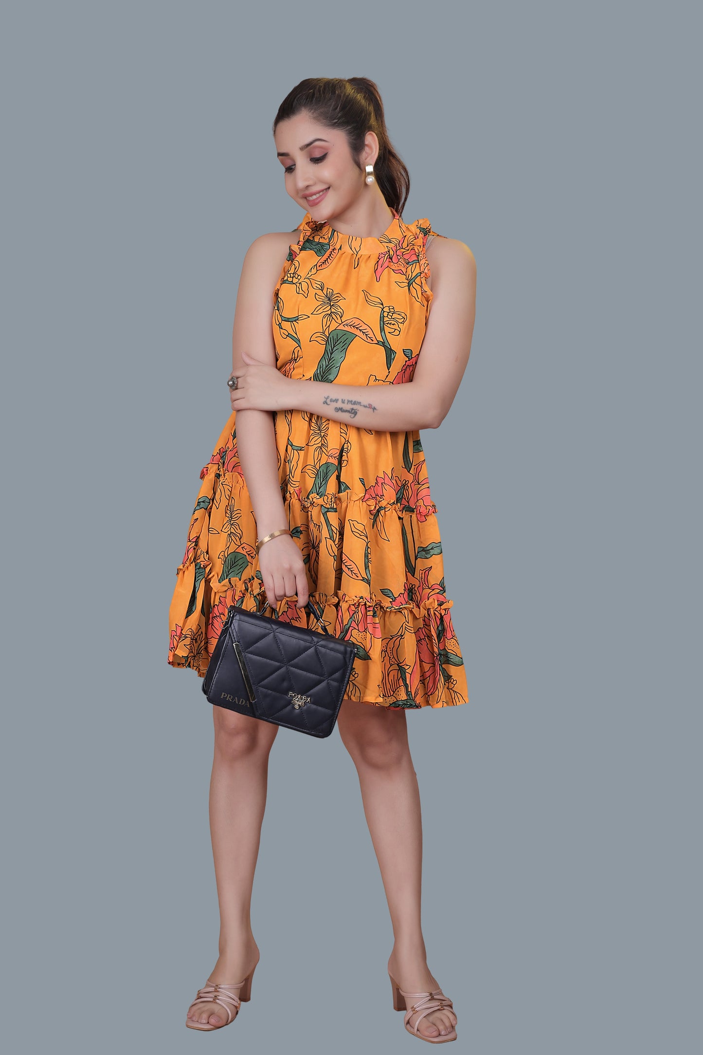 Yellow Flower Printed Flared Dress