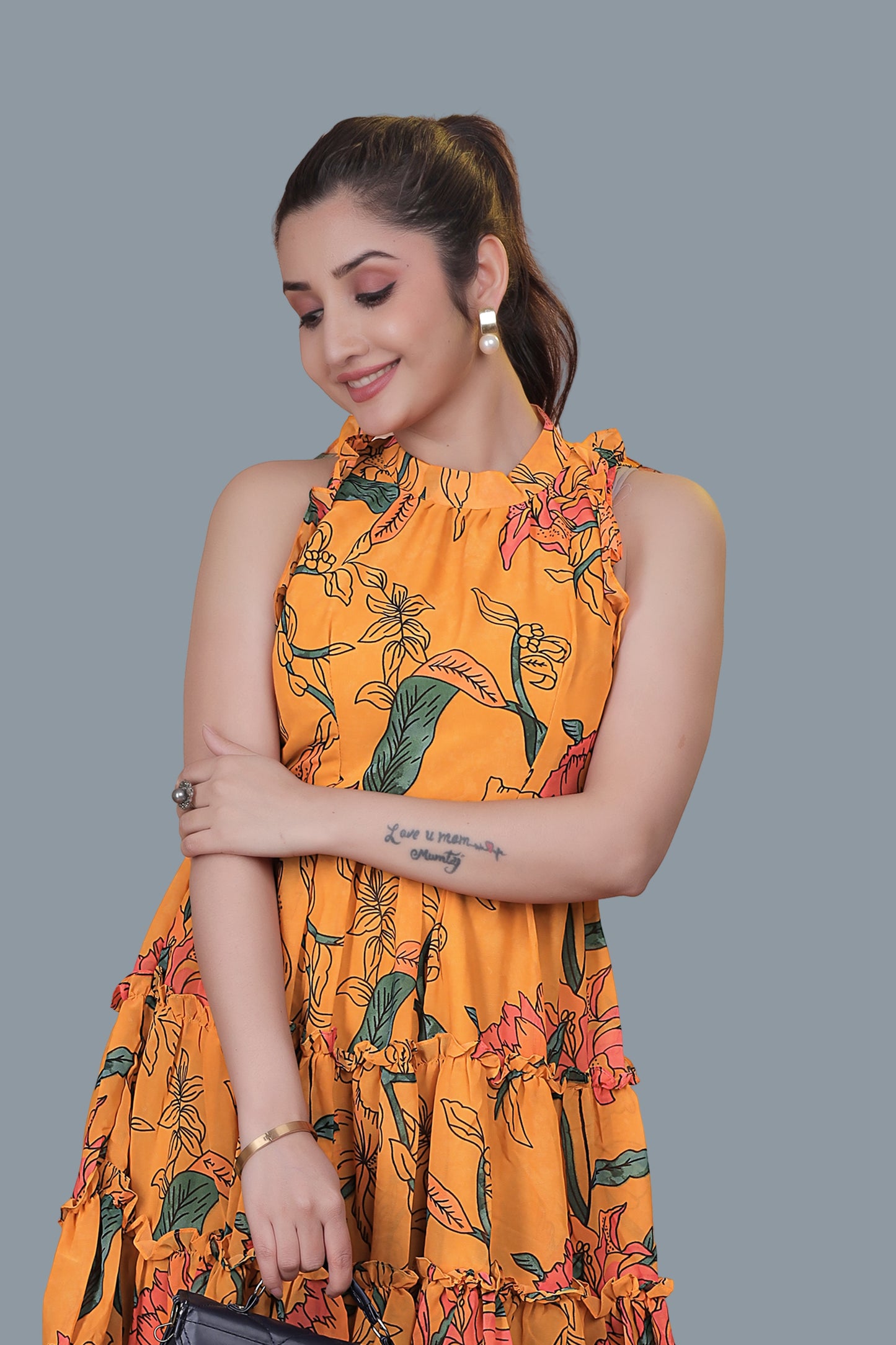 Yellow Flower Printed Flared Dress