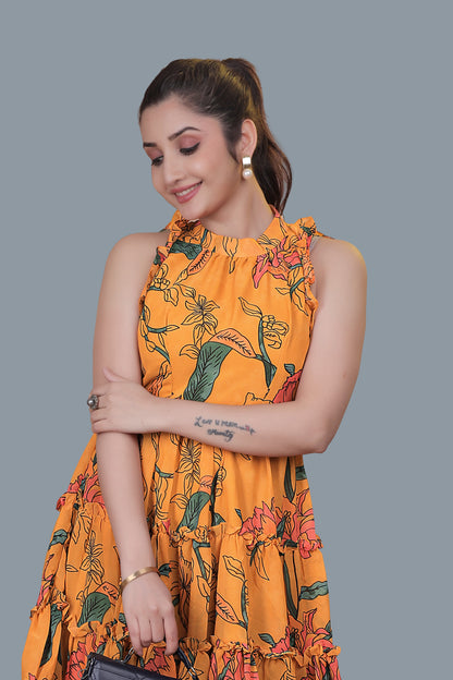 Yellow Flower Printed Flared Dress