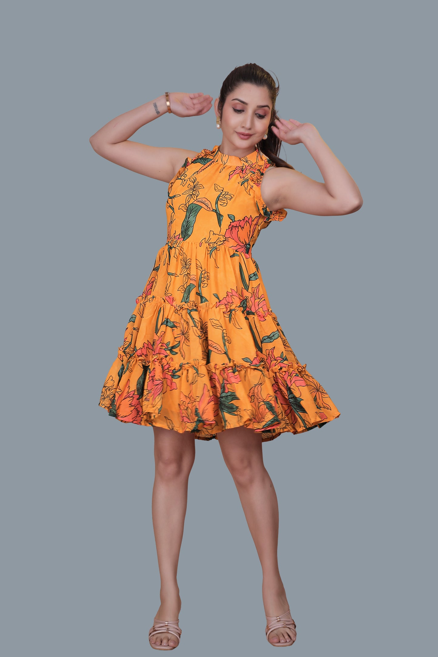 Yellow Flower Printed Flared Dress