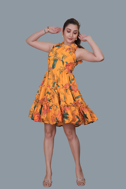 Yellow Flower Printed Flared Dress