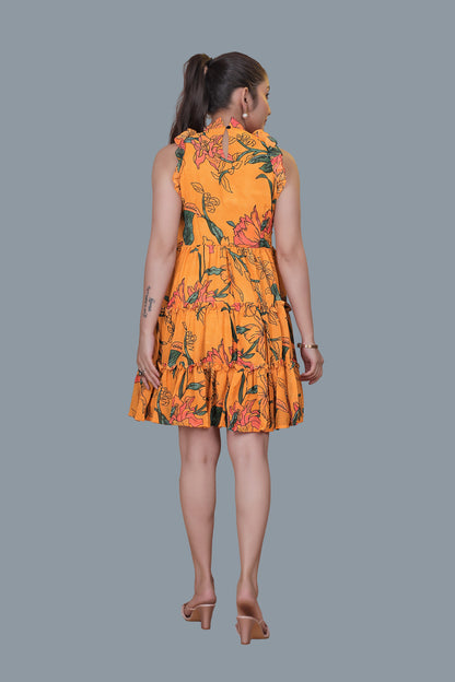 Yellow Flower Printed Flared Dress